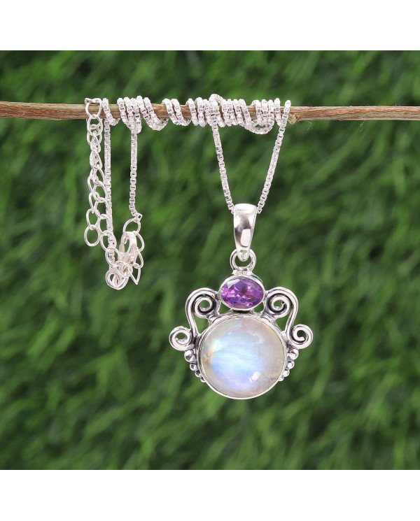 925 Sterling Silver Moonstone Amethyst Pendant Necklace for Women