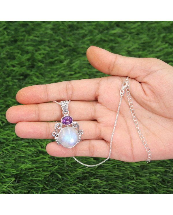 925 Sterling Silver Moonstone Amethyst Pendant Necklace for Women
