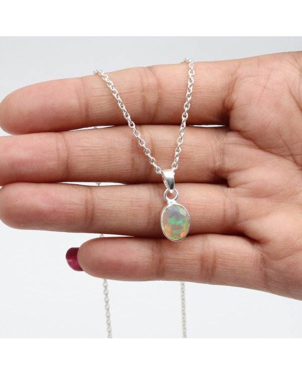 925 Sterling Silver Ethiopian Opal Pendant Necklace Birthstone Jewelry