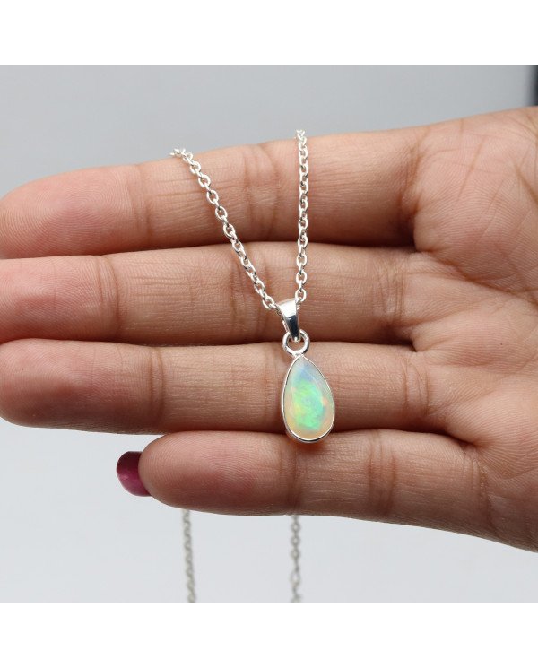 925 Sterling Silver Ethiopian Opal Teardrop Pendant Necklace