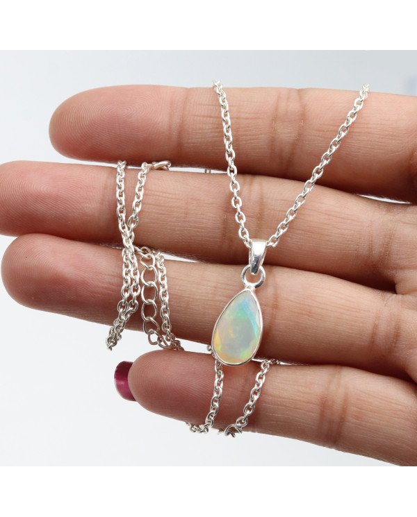 925 Sterling Silver Ethiopian Opal Teardrop Pendant Necklace