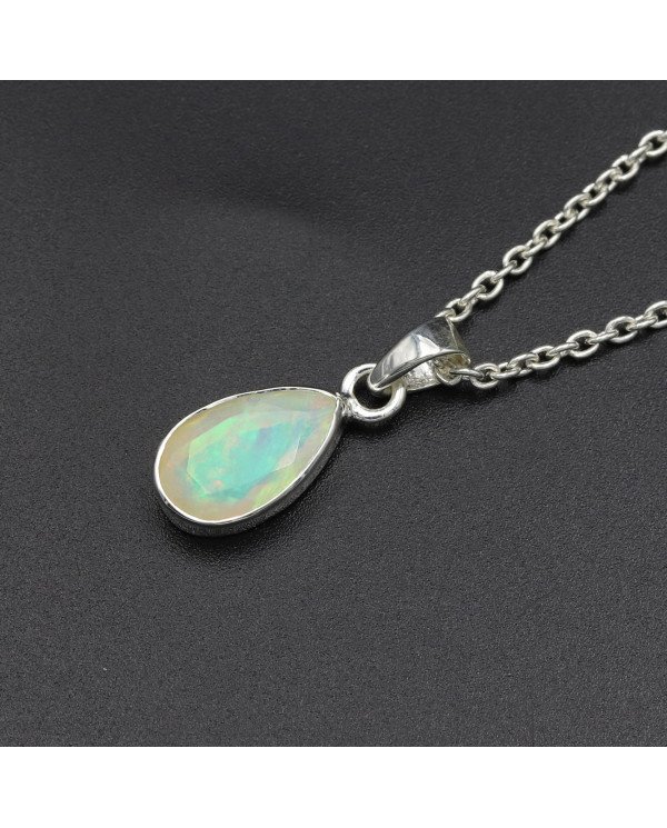 925 Sterling Silver Ethiopian Opal Teardrop Pendant Necklace