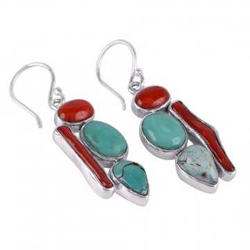Gemstone Earrings Turquoise and Coral 925 Silver Party Wear Earring