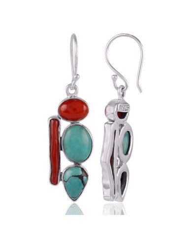 Gemstone Earrings Turquoise and Coral 925 Silver Party Wear Earring