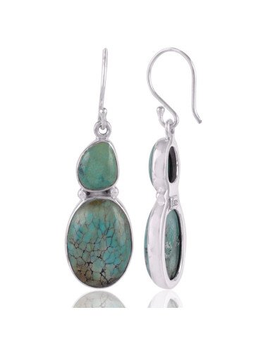 Tibetan Turquoise and Solid Silver Green Stone Earrings for Women