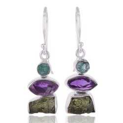 Apatite Rough, Moldavite Rough, Amethyst Rough Stone Silver Earrings.