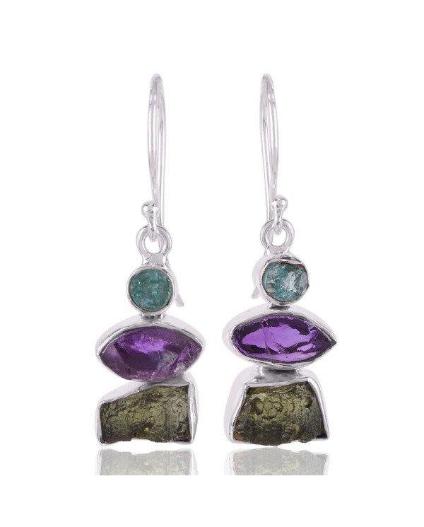Apatite Rough, Moldavite Rough, Amethyst Rough Stone Silver Earrings.
