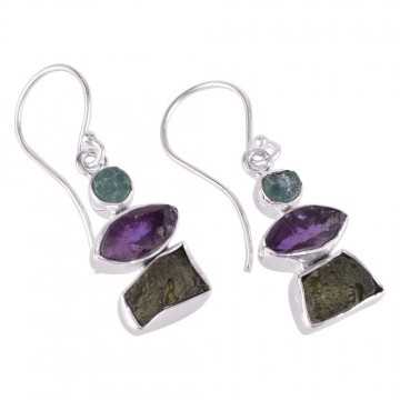 Apatite Rough, Moldavite Rough, Amethyst Rough Stone Silver Earrings.