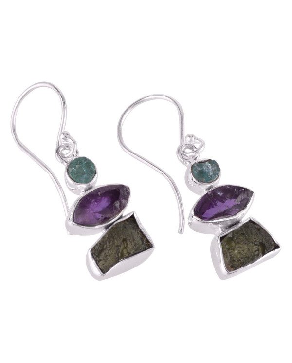 Apatite Rough, Moldavite Rough, Amethyst Rough Stone Silver Earrings.