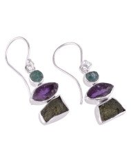 Apatite Rough, Moldavite Rough, Amethyst Rough Stone Silver Earrings.