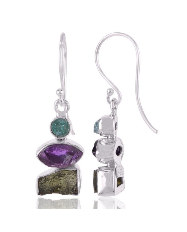 Apatite Rough, Moldavite Rough, Amethyst Rough Stone Silver Earrings.