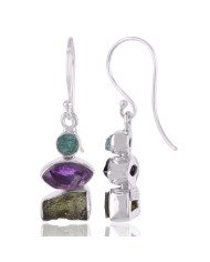 Apatite Rough, Moldavite Rough, Amethyst Rough Stone Silver Earrings.