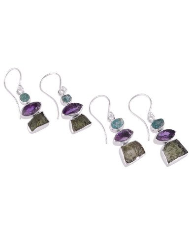 Apatite Rough, Moldavite Rough, Amethyst Rough Stone Silver Earrings.