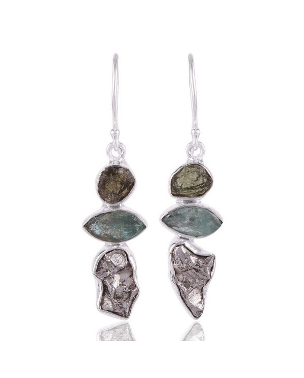Meteorite Apatite Moldavite Rough Silver Long Earrings for Women