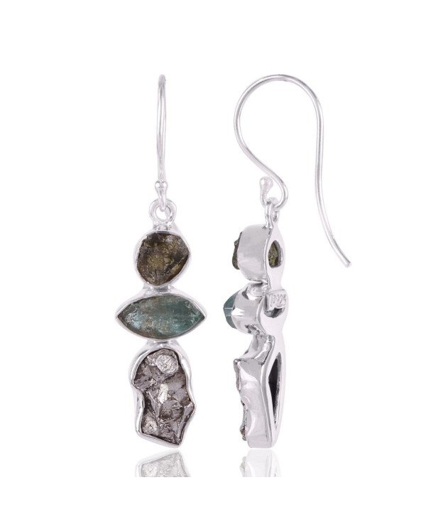 Meteorite Apatite Moldavite Rough Silver Long Earrings for Women