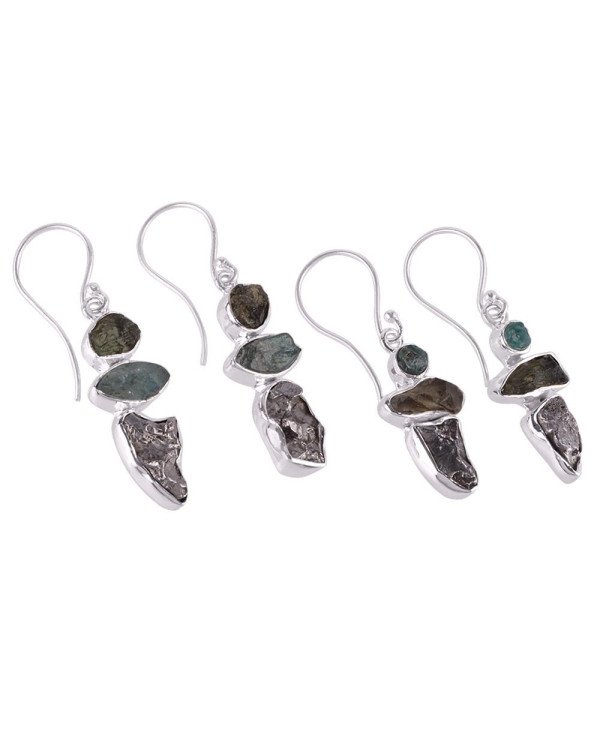 Meteorite Apatite Moldavite Rough Silver Long Earrings for Women
