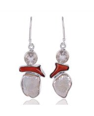 Coral Stick Crystal and Bqroque Pearl Silver Dangle Earrings