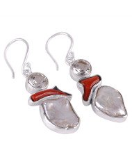 Coral Stick Crystal and Bqroque Pearl Silver Dangle Earrings