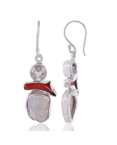 Coral Stick Crystal and Bqroque Pearl Silver Dangle Earrings