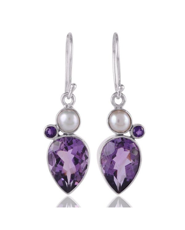Amethyst and White Pearl 925 Silver Tear Drop Earring