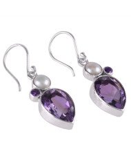Amethyst and White Pearl 925 Silver Tear Drop Earring