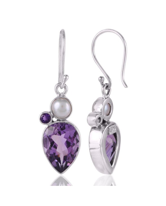 Amethyst and White Pearl 925 Silver Tear Drop Earring