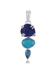 Azurite Druzy Swiss Blue Topaz American Turquoise 925 Silver Pendant