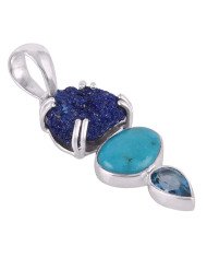 Azurite Druzy Swiss Blue Topaz American Turquoise 925 Silver Pendant