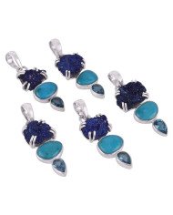 Azurite Druzy Swiss Blue Topaz American Turquoise 925 Silver Pendant