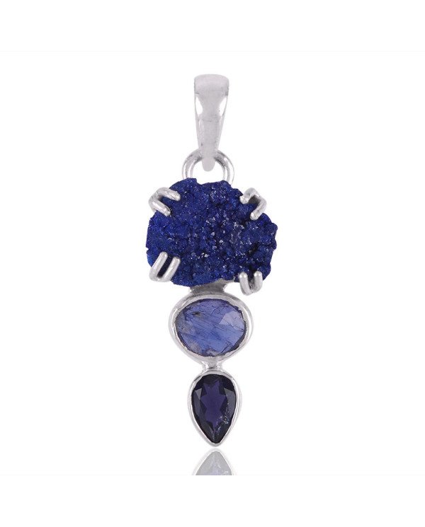 Tanzanite Iolite Azurite Druzy Blue Gemstone Pendant Necklace Silver