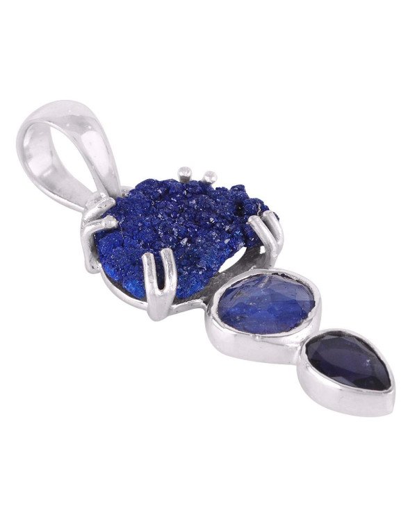 Tanzanite Iolite Azurite Druzy Blue Gemstone Pendant Necklace Silver