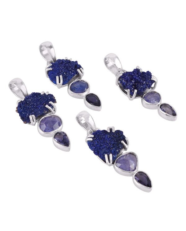 Tanzanite Iolite Azurite Druzy Blue Gemstone Pendant Necklace Silver