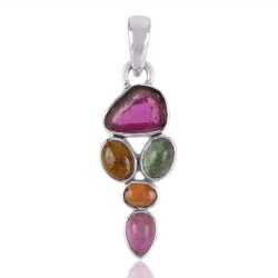 Tourmaline Slice and Multi Color Tourmaline Silver Pendant Necklace