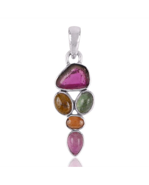 Tourmaline Slice and Multi Color Tourmaline Silver Pendant Necklace