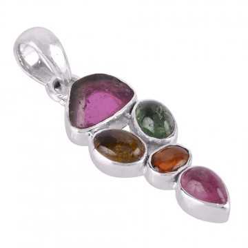 Tourmaline Slice and Multi Color Tourmaline Silver Pendant Necklace