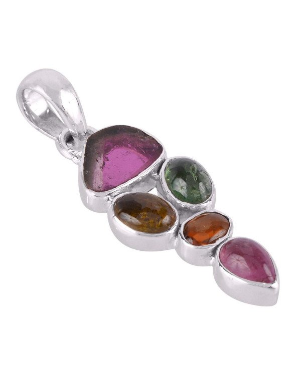 Tourmaline Slice and Multi Color Tourmaline Silver Pendant Necklace