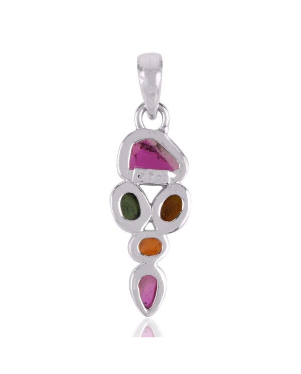 Tourmaline Slice and Multi Color Tourmaline Silver Pendant Necklace