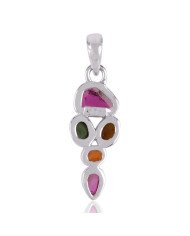 Tourmaline Slice and Multi Color Tourmaline Silver Pendant Necklace