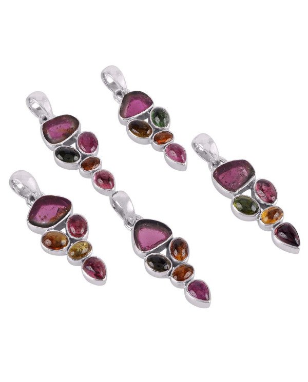 Tourmaline Slice and Multi Color Tourmaline Silver Pendant Necklace