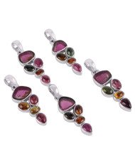 Tourmaline Slice and Multi Color Tourmaline Silver Pendant Necklace