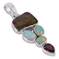 Ammolite Ethiopian Opal Garnet Silver Pendant Precious Gemstone