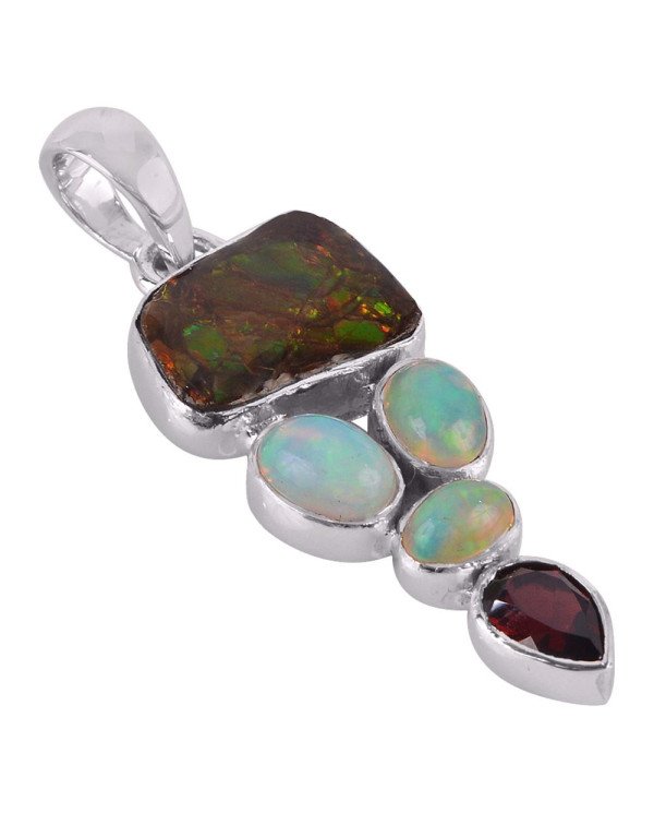 Ammolite Ethiopian Opal Garnet Silver Pendant Precious Gemstone