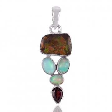 Ammolite Ethiopian Opal Garnet Silver Pendant Precious Gemstone