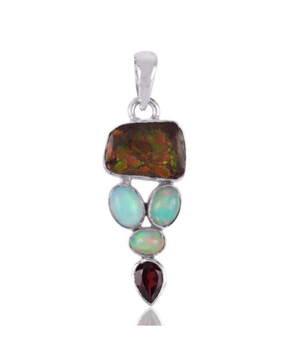 Ammolite Ethiopian Opal Garnet Silver Pendant Precious Gemstone