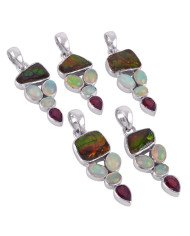 Ammolite Ethiopian Opal Garnet Silver Pendant Precious Gemstone