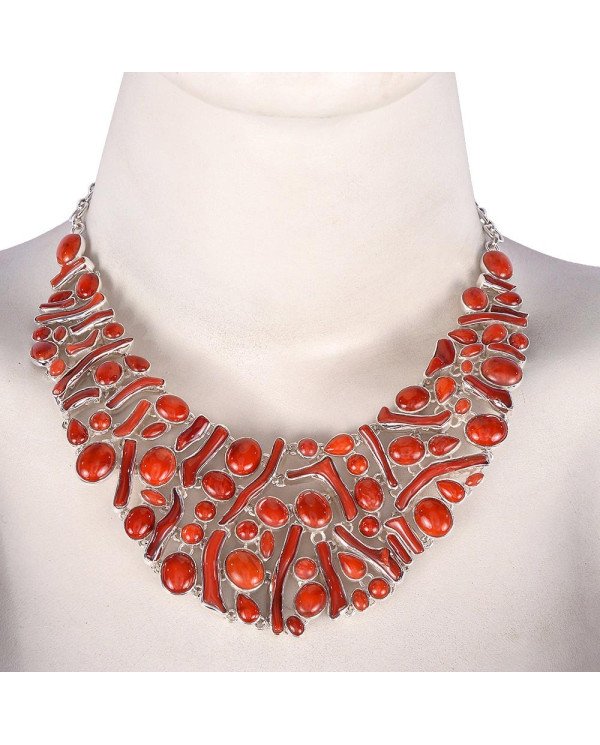 Coral and Sterling Silver Bib Necklace Large Party Wear Necklace