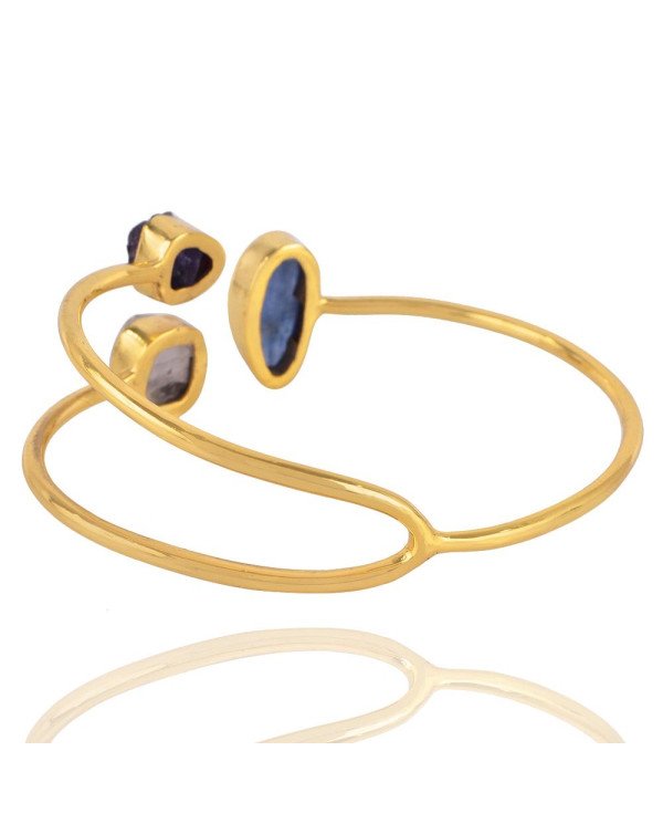 18K Gold Plated Amethyst, Rose Quartz, Rough Kyanite Cuff Bracelet.