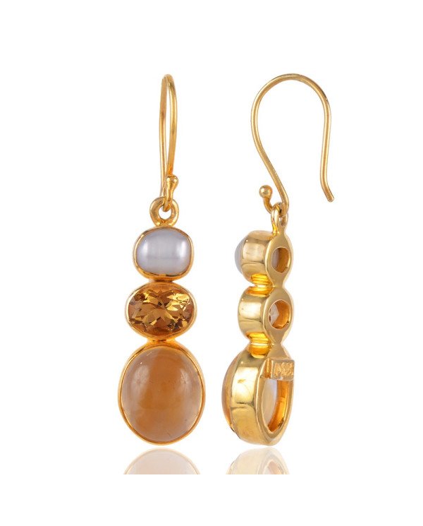 QUALITY JEWELRY Citrine Pearl 925 Silver Gold Vermeil Dangle Earrings