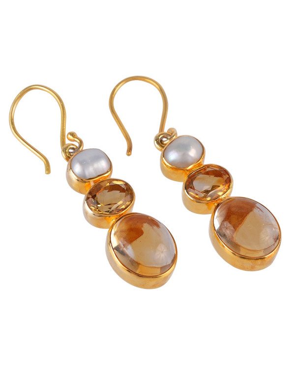 QUALITY JEWELRY Citrine Pearl 925 Silver Gold Vermeil Dangle Earrings