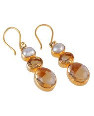 QUALITY JEWELRY Citrine Pearl 925 Silver Gold Vermeil Dangle Earrings